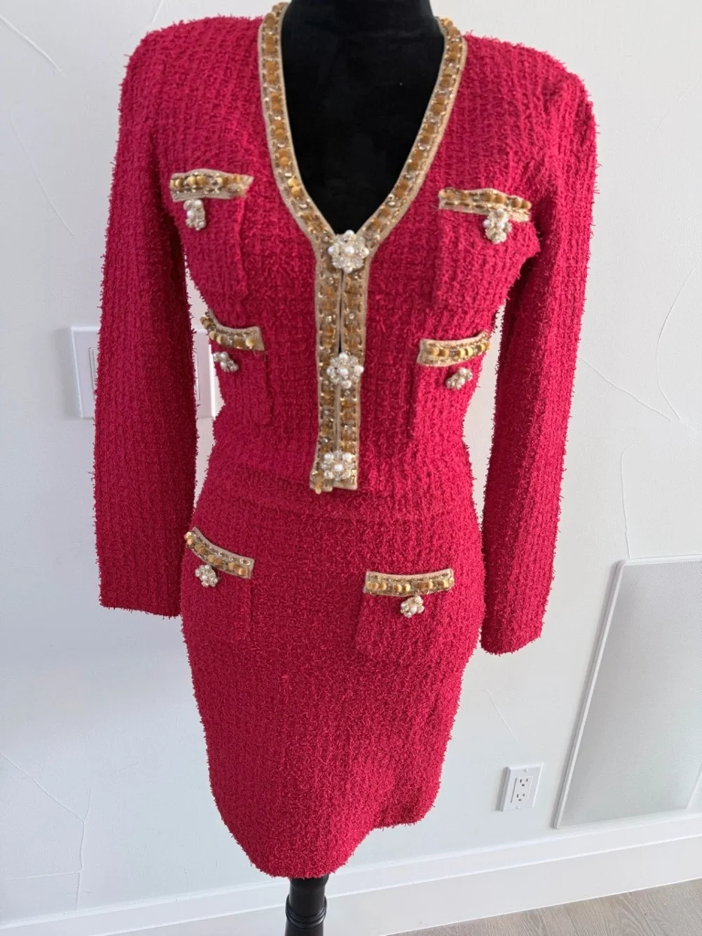 New Self portrait Red Tweed Two-Piece Skirt Set with Gold Trim size S - Picture 13 of 15